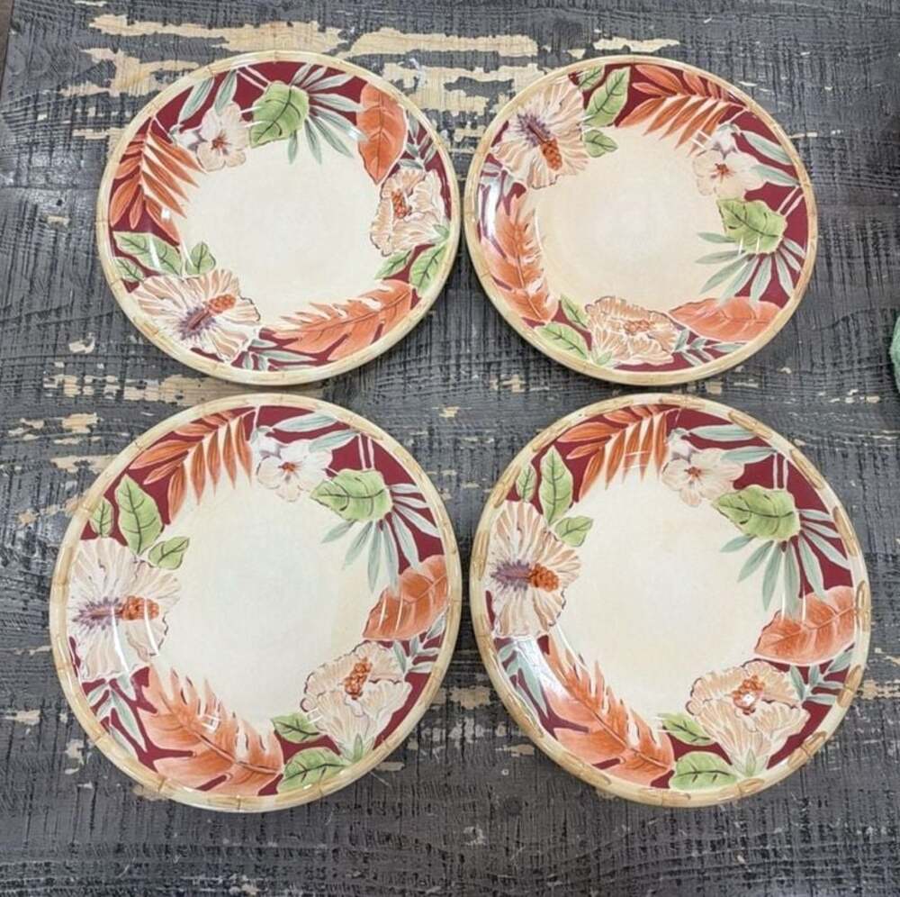 Vintage Home Trends Hibiscus Floral Dinner Plates Bamboo Rim, Set of 4 10.75”